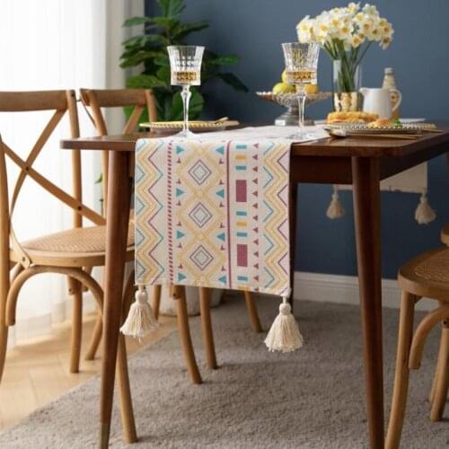 DUNXDECO Bohemia Yellow Geometric Table Runner Party Long Table Cover Classical Simple Cotton Thread Fabric Desk Decorating