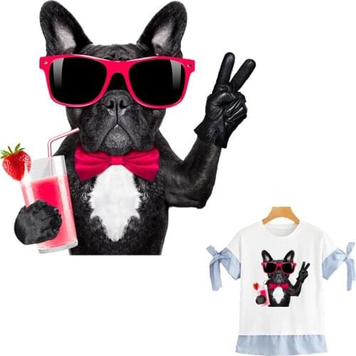 Cool Dog With Sunglasses Parches Big Drink Dog Stickers Washable New Heat Transfer T-Shirt Deco Diy Badges Stickers