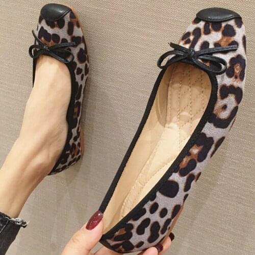Leopard Butterfly-knot flock ballet flats women moccasins slip on shoes women leather round toe animals pattern ballerina female