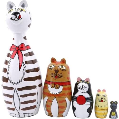 Hot Sale Size 17 cm Height Hand-painted Russia Dolls 5 Layers Cartoon Lovely Animal Cat Figure for Girls Wooden Decoration Gift