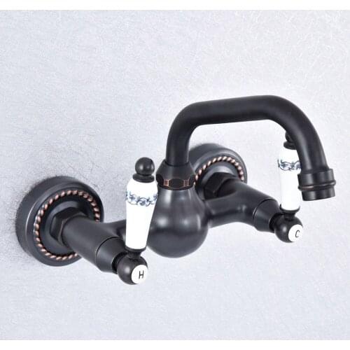 Oil Rubbed Bronze Wall Mounted Basin Faucets Double Handle Dual Hole Bathroom Sink Swivel Faucet Mixer Tap Nsf714
