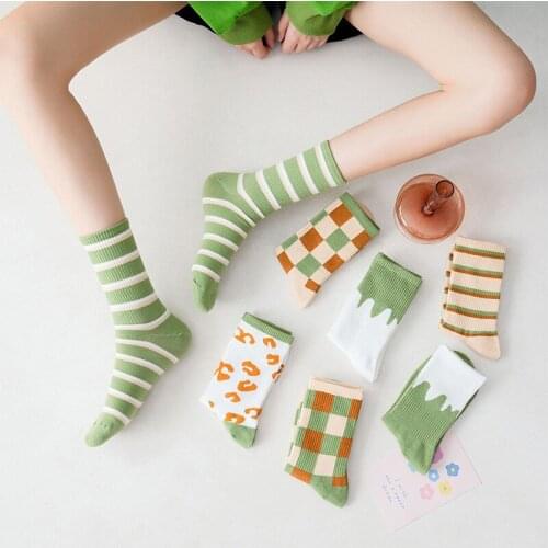 Striped Lattice Socks Womens Indie Hipster Fresh Green White Color Matching Cute Funny Crew Socks Female Japanese Korean Style