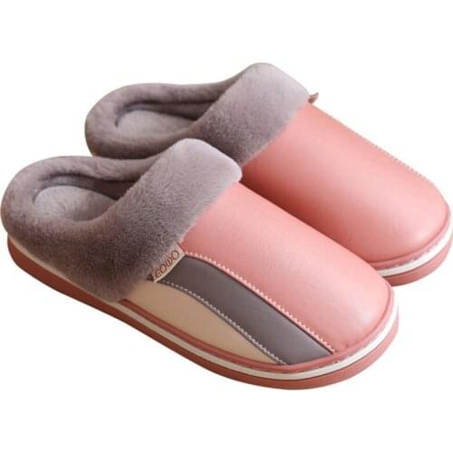 Winter New Waterproof Cotton Slippers Mens Indoor And Outdoor PU Leather Home Shoes Non-slip Warm Cotton Slippers Women