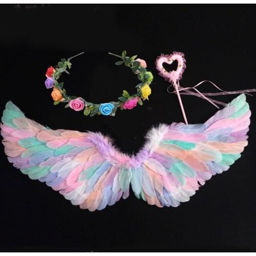 Girls Princess Angel Feather Wings Flower Wreath Magic Wand Fancy Dress Up Costume for Birthday Halloween Party Wedding Decor