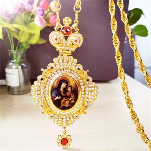 With Box Manual Cross Mary Icon Religious Craft Necklace For Women Men Greek Orthodox Pectoral Gold Color Religious Jewelry