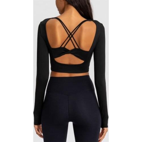 SALSPOR Sexy Yoga Shirts Women Sports Back Cross Quiak Dry Long Sleeve With Thumb Holes Gym Clothes Fitness Running Crop Top