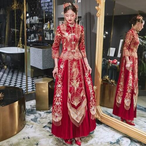Large Size 3XL 4XL Chinese Style Cheongsam Embroidery Bride Wedding Dress Exquisite Marriage Set Vintage Bride Costume Lady Gift