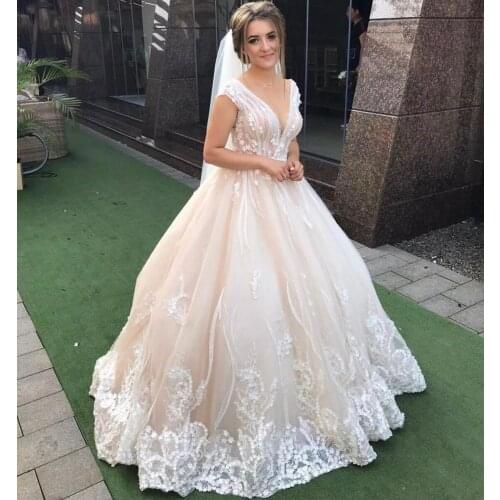 Wedding Dress Ball Sheer Neck Cap Sleeve Lace Appliques Sequined Beads Backless Floor Length Sweep Train Bride Gown Custom Made