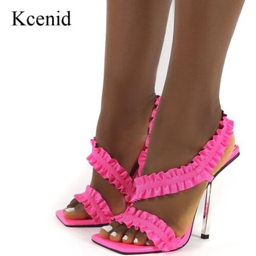 Kcenid Sexy High Heels New Women Shoes Pumps Summer Women Sandals Fashion Ruffles Square Toe Ladies Shoes Party Big Size 35-42