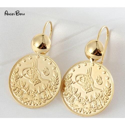 Vintage Rice Flower Coin Pendant French Hook Round Gold Fashion Earrings Indian Muslim Custom Turkish Totem Earrings for Women
