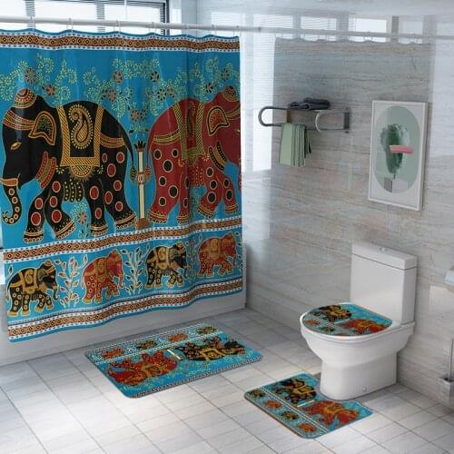 National Style Elephant Polyester Shower Curtain High Quality Bathroom Curtains Non Slip Rugs Carpet Toilet Flannel Bath Mat Set