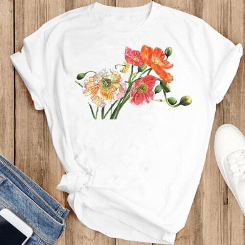 Women Graphic Floral Flower Cartoon Cute Printing Fashion Summer Female Clothes Print Short Sleeve Tops Tees Tshirt T-Shirt