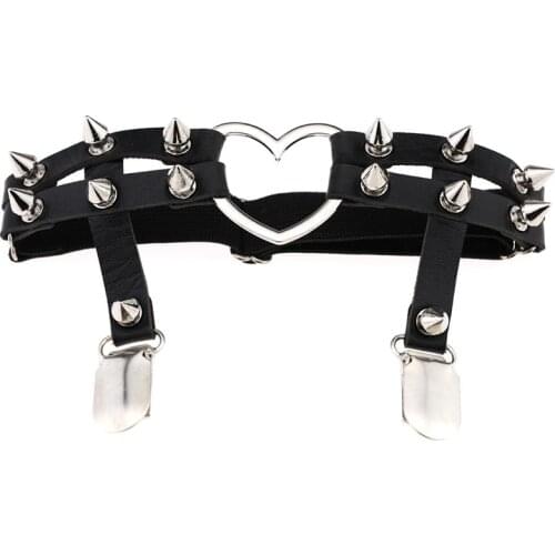 Harajuku Sexy Rivets Clip Garter for Women Punk Gothic Love Heart Lace Leg Belt Ring Handmade Lingerie Leather Harness White 1PC