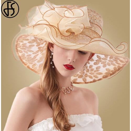 FS Women Organza Fedoras Kentucky Derby Partz Wide Brim Wedding Church Hats For Black Flower Beach Sun Hat