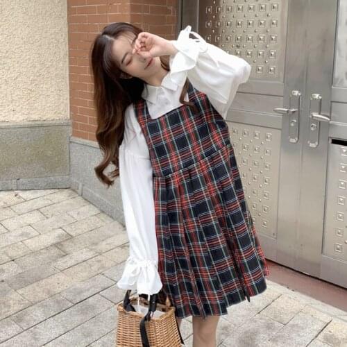 Japanese Preppy Style White Blouse and Sleeveless Plaid Dress 2pcs Set For Women 2021 New Pleated Checked Suspender Dresses
