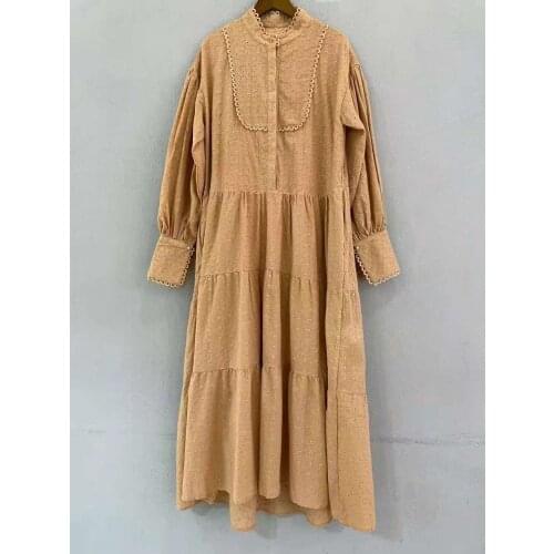 Top Quality Autumn Long Dress 2021 High Quality Women Allover Exquisite Embroidery Belted Long Sleeve White Khaki Black Dress