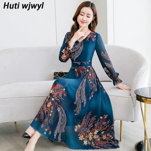 2021 Autumn Vintage 3XL Plus Size Printed Chiffon Midi Dress Boho Long Sleeve Beach Maxi Dresses Elegant Female Bodycon Vestidos