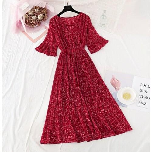 Elegant V-neck Floral Printed Women Dress 2021 Summer Flare Sleeve A-line Midi Dress Vintage Red Pleated Chiffon Dress