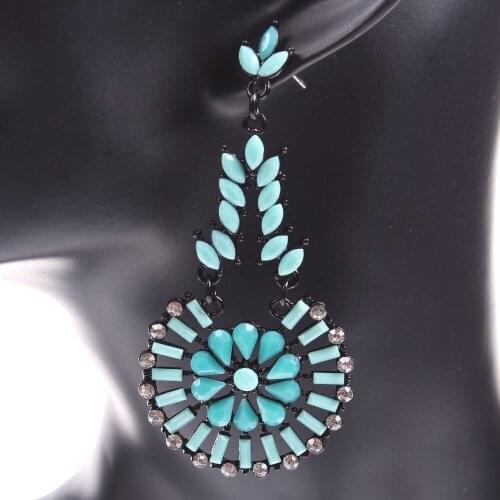 2021 New Arrival Rhinestone Drop Dangle Fashion Earring for Women Big Black Metal Alloy Statement Flower Pendant Earrings