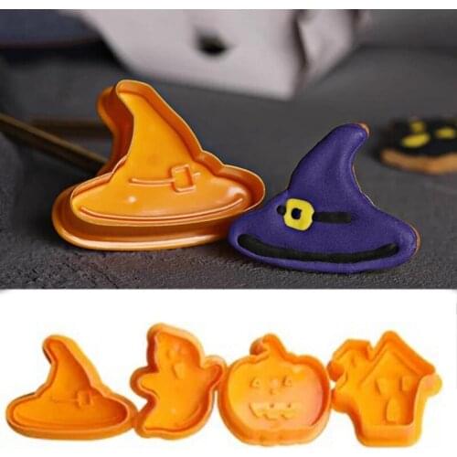 4pcs Cookie Stamp Biscuit Mold Halloween 3D Cookie Plunger Cutter DIY Kitchen Baking Mould Halloween Fondant Cookie Stamp Mold