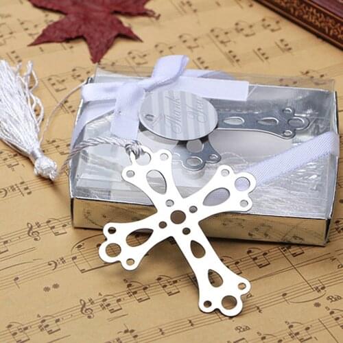 50pcs Cross Bookmarks For Baptism Birthday First Communion Party Favors Gifts For Guests Stainless Metal Baptism Gift 7x6cm