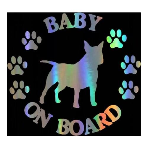 Car Sticker 12.7CM*11.7CM BABY ON BOARD Bull Terrier Dog Car Decal Motorcycle Reflective Laser Vinyl Car Sticker 3D Car Styling
