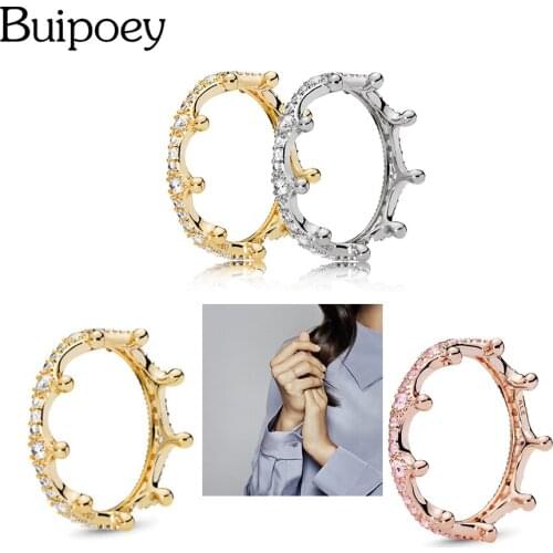 Buipoey Silver Color Plated Crown Ring Circle Round Finger Stackable Rhinestone Ring Women Men Jewelry Gift Boy Girl
