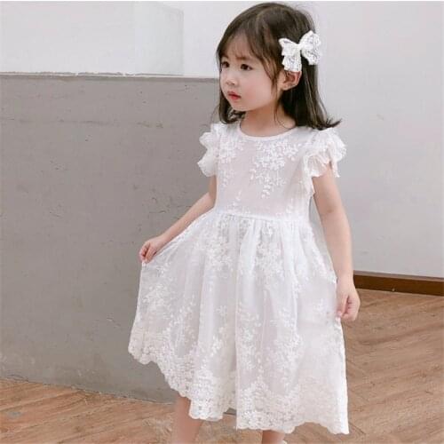 LILIGIRL Flying Sleeve Kids Dresses for Girl Wedding Party Clothes New Baby Girls Bow Embroidered Lace Dress Summer Clothing