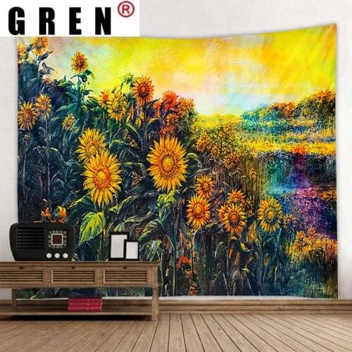 GREN Tapestry Sunflower Wall Hanging Wall Covering Rugs Mural Background Cloth Beach Towel Fabric Yoga Blanket Home Decor
