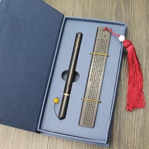 China Traditional Manual Blackwood Roller Pen + Bookmark Gift Set Natural Color Silver Process Signature Pen For Business