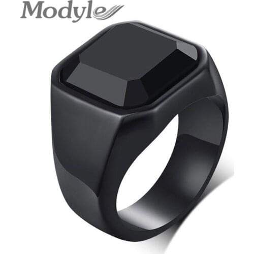 Modyle Punk Vintage Smooth 316L Stainless Steel Black CZ Stone Gold Silver Color Hip Hop Rings For Men Party Jewelry Gifts