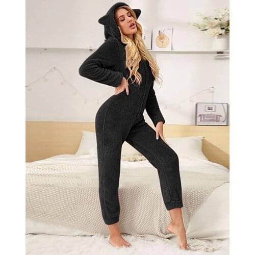 Women Warm Sleepwear Solid Color Long-sleeved Warm- Jumpsuit Women Onesie Hooded Plus Size Nightwear Winter Home Wear