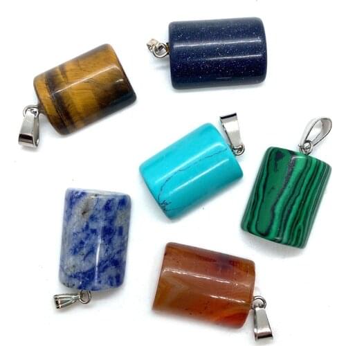 Natural Stone Pendant Cylindrical Malachite Lapis Lazuli Turquoise Handmade DIY Necklace Pendant Jewelry Accessories 5 Pieces