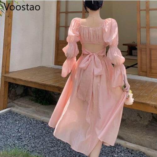 Sweet Lolita Style Puff Sleeve Princess Dress Women Elegant Square Collar Backless Bandage Bow Fairy Dresses Girly Party Dress