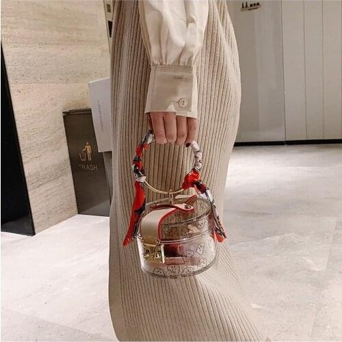 Women Fashion Mini Handbag Metal Handle Case Shape Acrylic Clutch Bag With Scraf Ladies Party Bag Female Chain Crossbody Bag