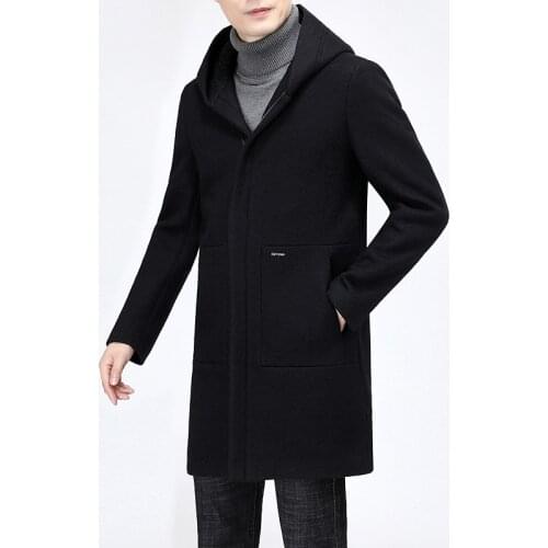Tops Autumn Winter Casual Black Hooded Mens Woolen Coats Thick Warm 47% Wool Blend Windbreaker Jacket Parkas Outwear Overcoat