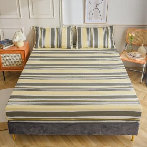 Bonenjoy Fitted Sheet 100%Cotton Yellow Color Striped Queen Size Bed Sheet With Elastic King sabanas cama 150 (No Pillowcase)