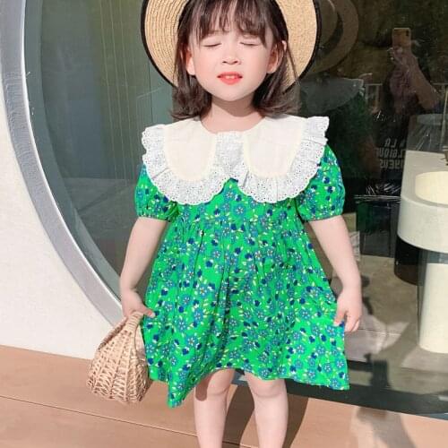 2021 Summer New GirlS Dress Korean Version Of The Green Flower Bottom Dress Big Lapel Dress Western Style Cute Dress