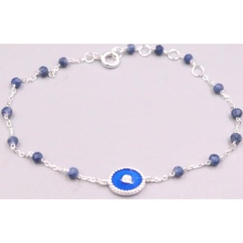 New Pure 925 Sterling Silver Width 3mm Blue Crystal Beads Rolo Link Chain Bracelet 19cm