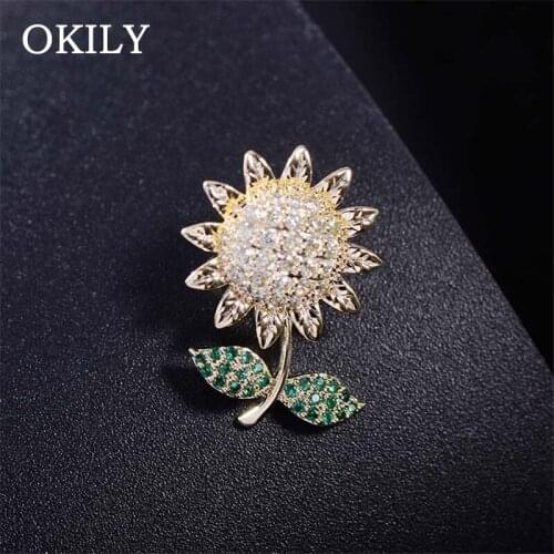 OKILY Delicate Zircon Sunflower Brooch Yellow Green CZ Elegant Women Girl Rhinestone Lapel Pin Clothes Accessories Gift Jewelry