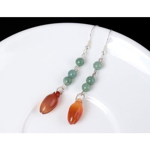 Pure Silver Handmade Original Jade Jadeite Earrings, Antique Palace Art Jade Orchid Earrings Wholesale Silver Jewelry