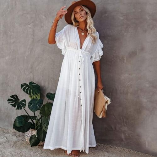 Sexy Bikini Cover-ups Long White Tunic Casual Summer Beach Dress Elegant Women Plus Size Beach Wear Swim Suit Cover Up