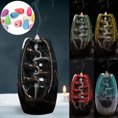 Ceramic Backflow Waterfall Smoke Incense Burner with 50Pcs Incense Cones Handicraft Incense Holder Home Decor Birthday Gift