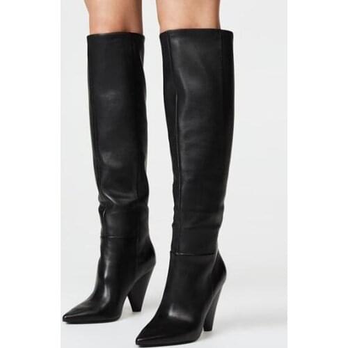 Drop Shipping Ladys Solid Black Genuine Leather Pointed Toe 8 cm Heels Spike Heels Slip On Knee High Long Knight Boots