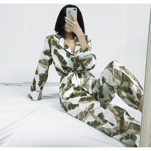 Banana Leaf Robe Sets Long Sleeve Satin Pajamas Tropical Graphic 2 Piece Set Women Sleepwear Home Suit Sets Bathrobe 2020