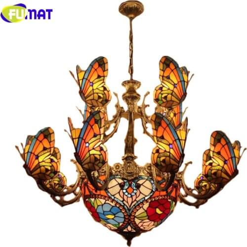 FUMAT Glass Art Chandelier Stained Glass Butterfly Lamp Indoor Lightings European Style Hotel Bar Living Room Light Fixtures