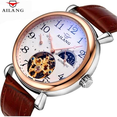Top Brand Luxury Tourbillon Fashion Leather Strap Automatic Mechanical Men Watch Casual Moon Phase Business Male Watches Clock