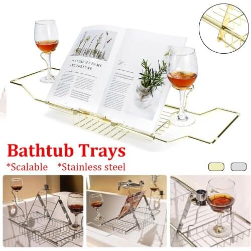Extendable Bathroom Shelf Bathtub Tray Shower Caddy Folding Bathtub Rack Stainless Steel Towel Wine Book Holder Storage Shelf