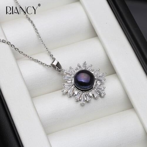 Fashion Natural Freshwater Blcak Pearl Pendants For Women Elegant Necklace Fine Shiny zircon Jewelry For Women wedding gift