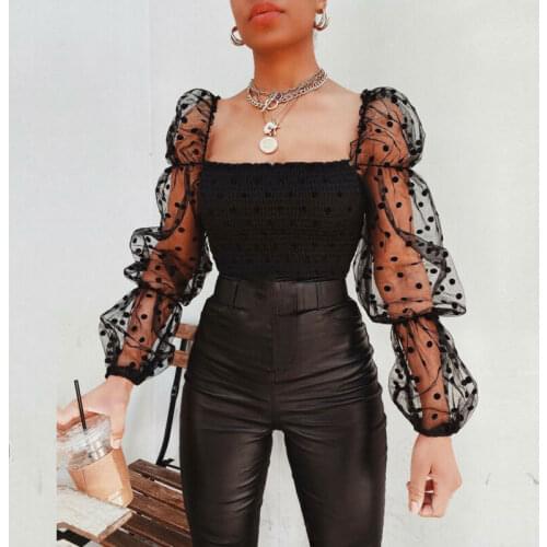 US Womens Mesh Sheer Puff Sleeve Vintage Polka Dot Shirt Ladies Loose Top Blouse